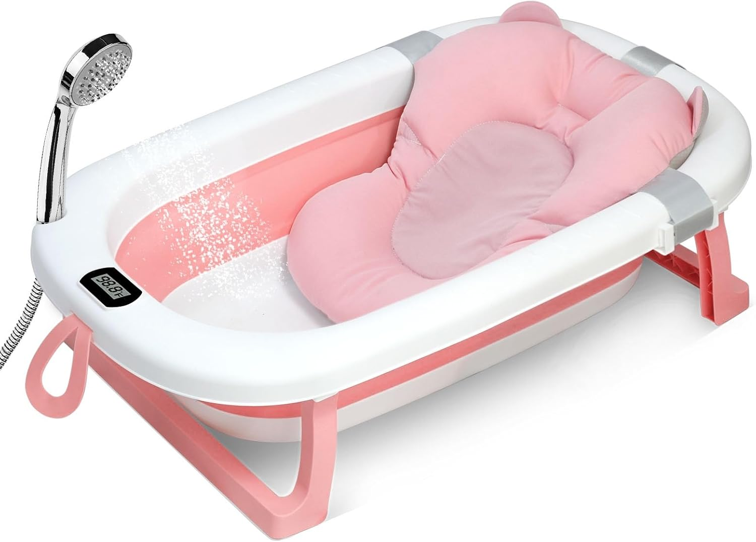SKY-TOUCH Baby Foldable Bath Tub with Bathmat Cushion & Thermometer, Portable Baby Bathtub with Drain Hole, Shower Basin with Non-Slip Support Leg for 0-6 Years Boy Girl1