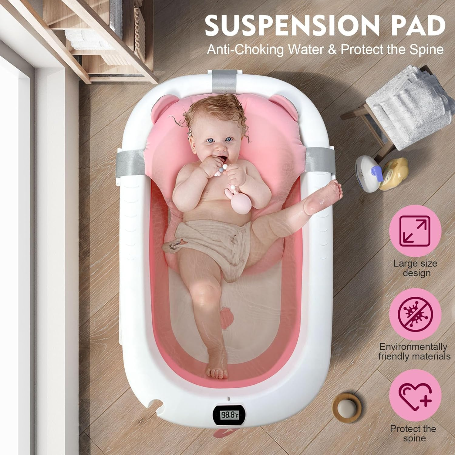 SKY-TOUCH Baby Foldable Bath Tub with Bathmat Cushion & Thermometer, Portable Baby Bathtub with Drain Hole, Shower Basin with Non-Slip Support Leg for 0-6 Years Boy Girl6