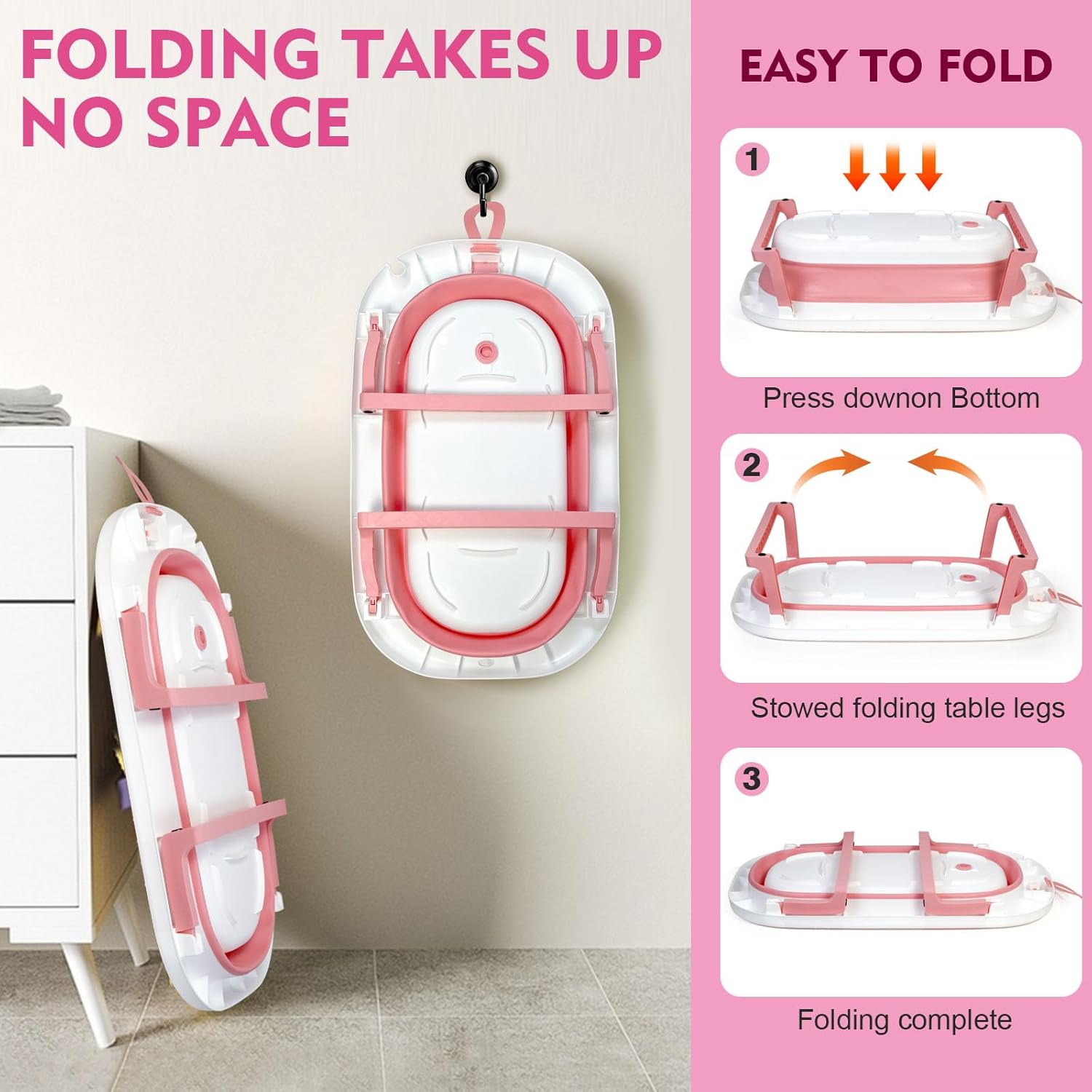 SKY-TOUCH Baby Foldable Bath Tub with Bathmat Cushion & Thermometer, Portable Baby Bathtub with Drain Hole, Shower Basin with Non-Slip Support Leg for 0-6 Years Boy Girl7